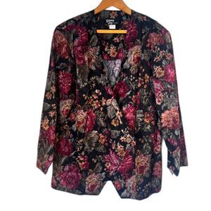 Dawn Joy Vintage Black Floral Print Y2K Gold Flower Button Blazer Jacket Sz 20